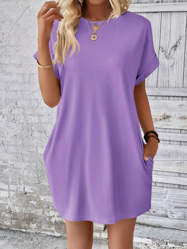 Summer Dresses- Women's Crew Neck Tee Dress in Solid Color- - IndioGear.com