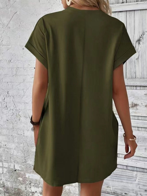 Summer Dresses- Women's Crew Neck Tee Dress in Solid Color- - IndioGear.com