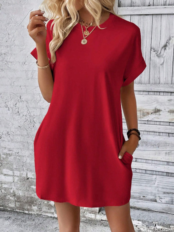 Summer Dresses- Women's Crew Neck Tee Dress in Solid Color- - IndioGear.com