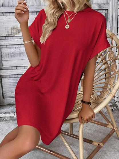 Summer Dresses- Women's Crew Neck Tee Dress in Solid Color- - IndioGear.com