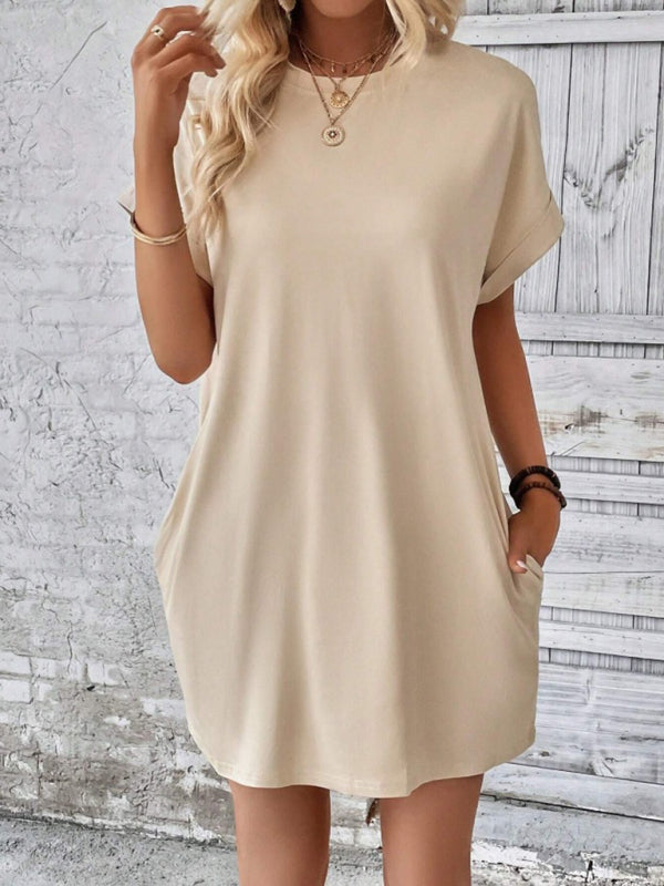 Summer Dresses- Women's Crew Neck Tee Dress in Solid Color- - IndioGear.com