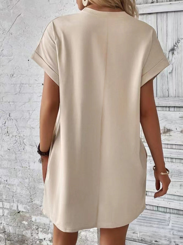 Summer Dresses- Women's Crew Neck Tee Dress in Solid Color- - IndioGear.com