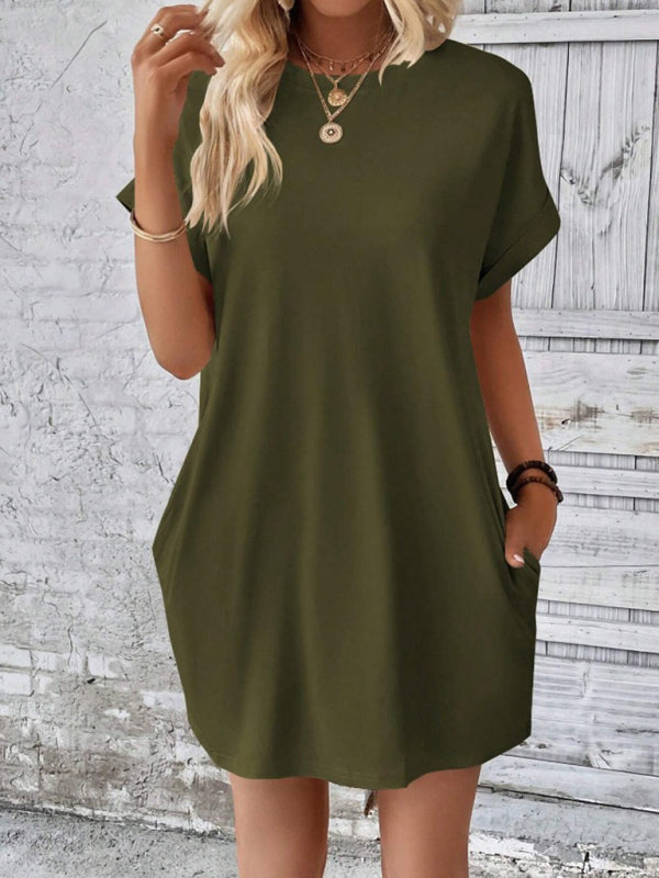 Summer Dresses- Women's Crew Neck Tee Dress in Solid Color- - IndioGear.com