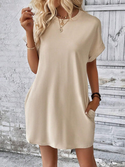 Summer Dresses- Women's Crew Neck Tee Dress in Solid Color- Cracker khaki- IndioGear.com