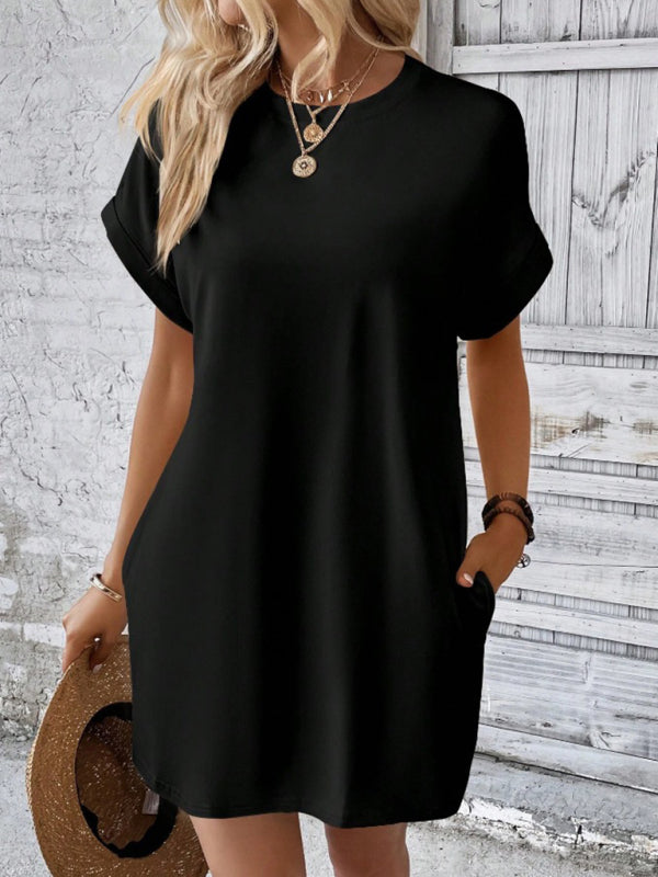 Summer Dresses- Women's Crew Neck Tee Dress in Solid Color- - IndioGear.com