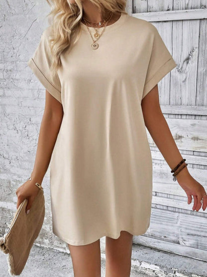 Summer Dresses- Women's Crew Neck Tee Dress in Solid Color- - IndioGear.com