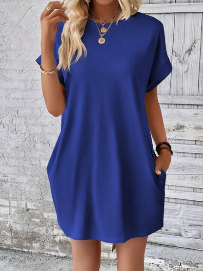 Summer Dresses- Women's Crew Neck Tee Dress in Solid Color- Blue- IndioGear.com