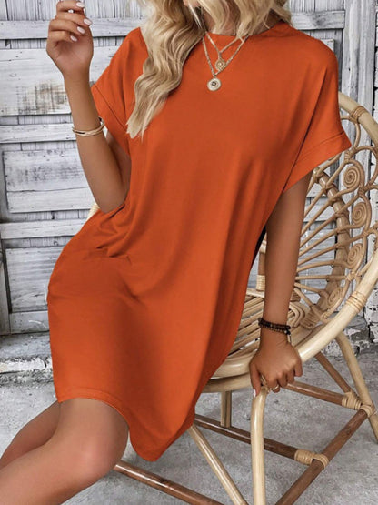 Summer Dresses- Women's Crew Neck Tee Dress in Solid Color- - IndioGear.com