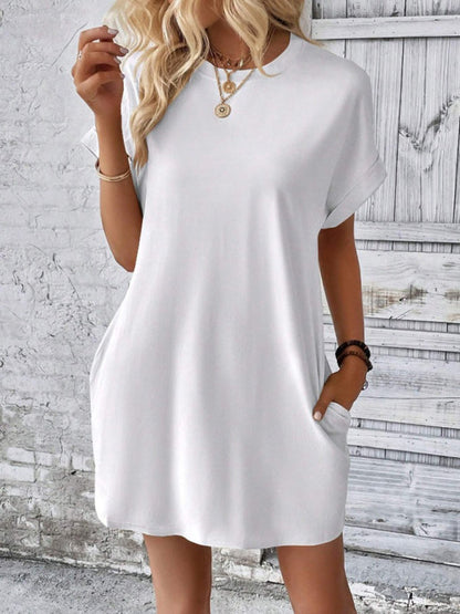 Summer Dresses- Women's Crew Neck Tee Dress in Solid Color- White- IndioGear.com