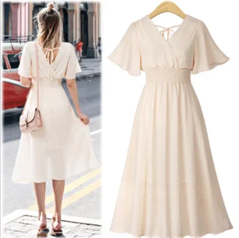 Summer Dresses- Women's Elegant A-Line Midi Dress with Smocked Waist- - IndioGear.com