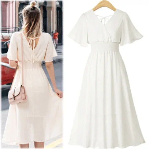 Summer Dresses- Women's Elegant A-Line Midi Dress with Smocked Waist- XL XXL M XXXL S L- IndioGear.com