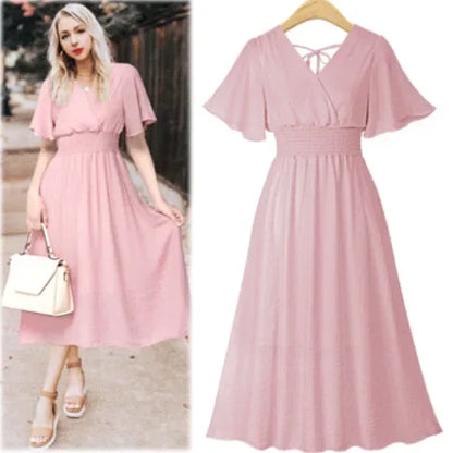 Summer Dresses- Women's Elegant A-Line Midi Dress with Smocked Waist- L M XXXL XXL S XL- IndioGear.com