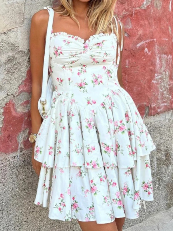 Summer Dresses- Women's Floral Sweetheart A-Line Layered Sundress with Tie-Shoulder- White- IndioGear Fashion and Gear