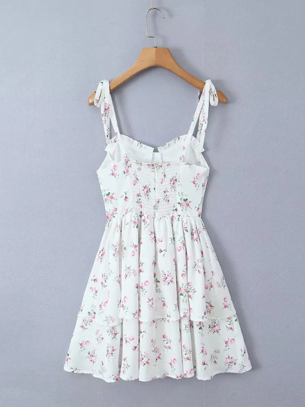 Summer Dresses- Women's Floral Sweetheart A-Line Layered Sundress with Tie-Shoulder- - IndioGear Fashion and Gear