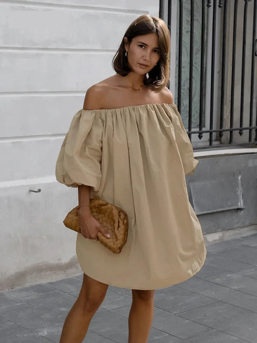 Summer Dresses- Women's Off-Shoulder Balloon Sleeve Dress for Summer- Khaki- IndioGear.com