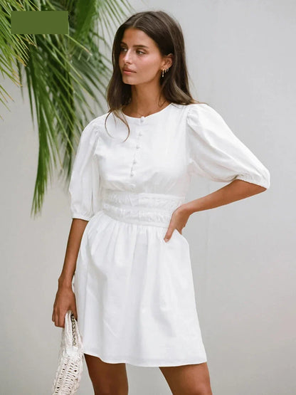 Summer Dresses- Women's Solid Cotton Summer Dress with Gathered Waist- - IndioGear.com