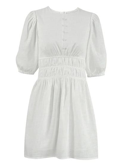 Summer Dresses- Women's Solid Cotton Summer Dress with Gathered Waist- - IndioGear.com