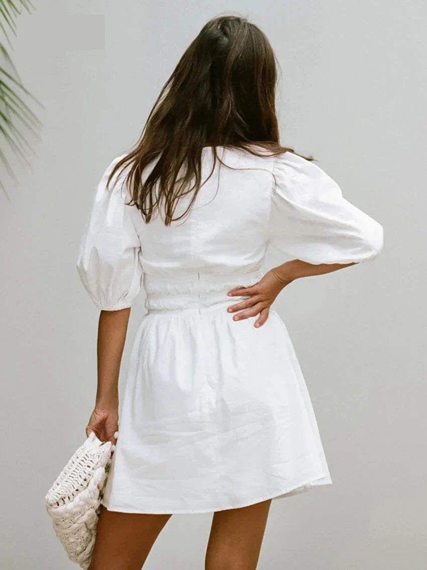 Summer Dresses- Women's Solid Cotton Summer Dress with Gathered Waist- - IndioGear.com