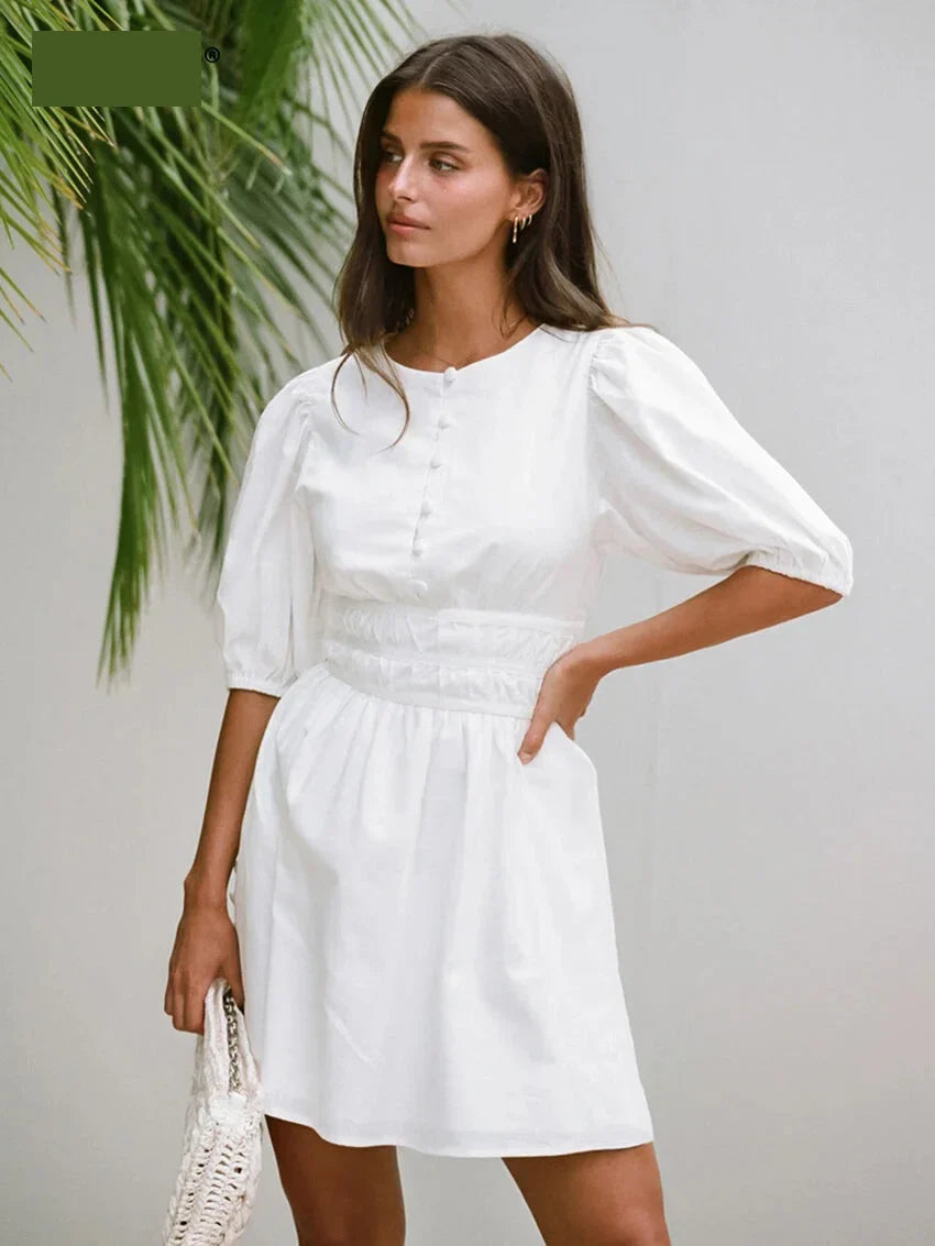 Summer Dresses- Women's Solid Cotton Summer Dress with Gathered Waist- White- IndioGear.com