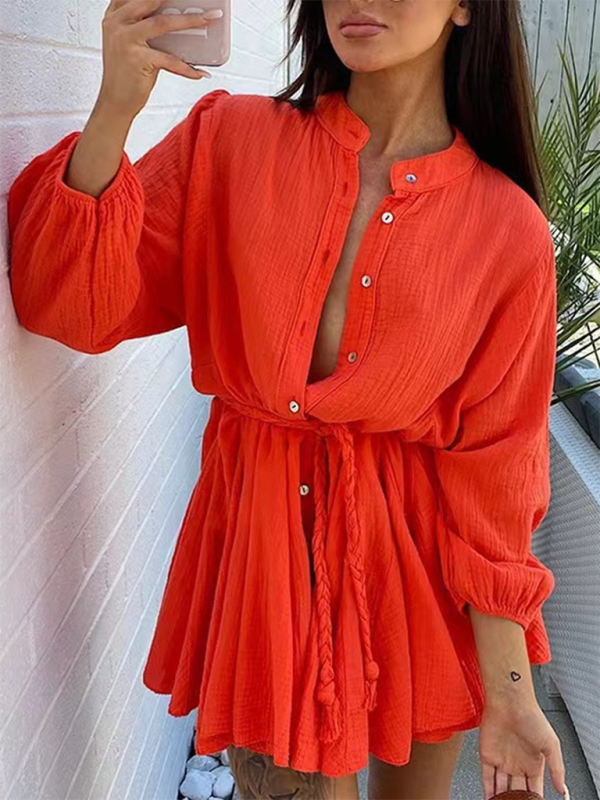 Summer Dresses- Women's Textured Button-Up Lantern Sleeve Dress for Beach Vacations- Orange- IndioGear.com