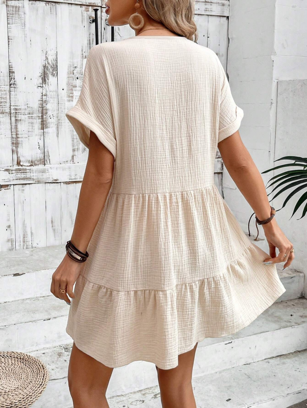 Summer Dresses- Women's Textured Loose Sundress with Short Sleeves- - IndioGear Fashion and Gear