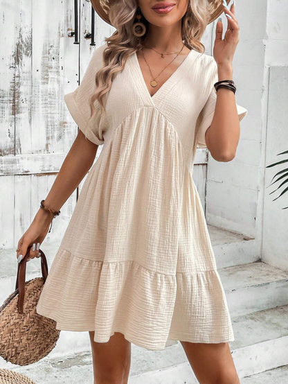 Summer Dresses- Women's Textured Loose Sundress with Short Sleeves- - IndioGear Fashion and Gear