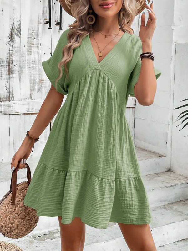 Summer Dresses- Women's Textured Loose Sundress with Short Sleeves- - IndioGear Fashion and Gear