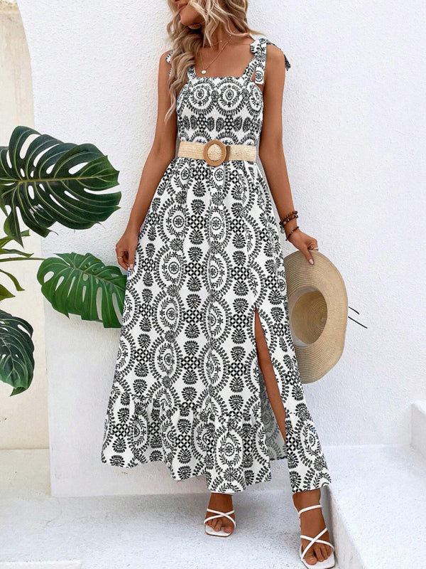 Summer Dresses- Women's Tie-Shoulder Geo Print Midi Dress with Slits- - IndioGear Fashion and Gear