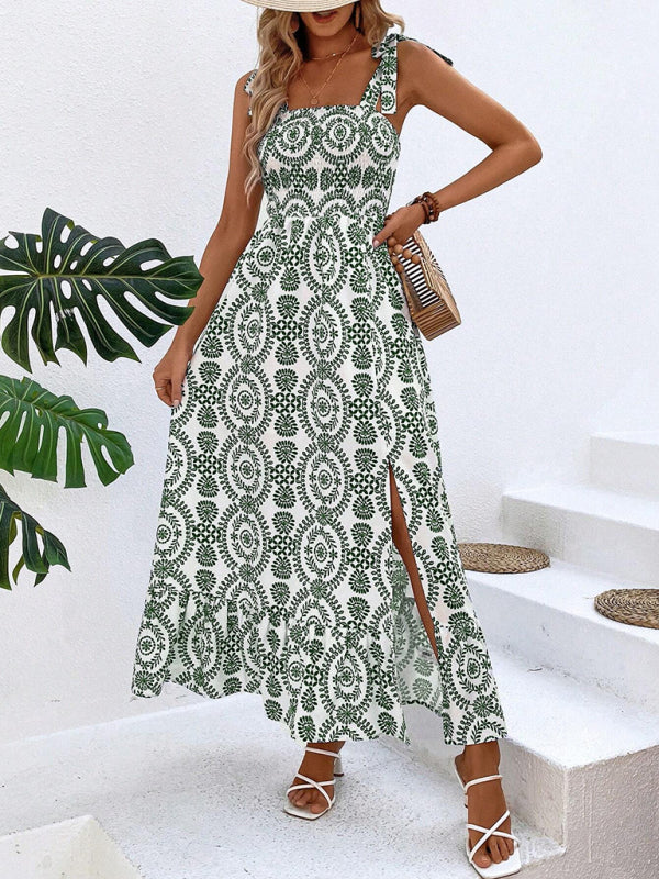 Summer Dresses- Women's Tie-Shoulder Geo Print Midi Dress with Slits- Green- IndioGear Fashion and Gear