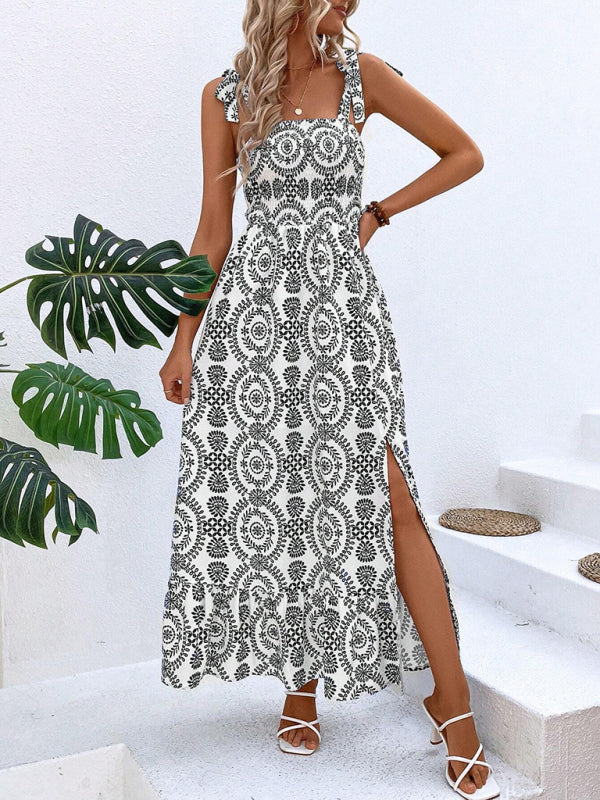 Summer Dresses- Women's Tie-Shoulder Geo Print Midi Dress with Slits- - IndioGear Fashion and Gear