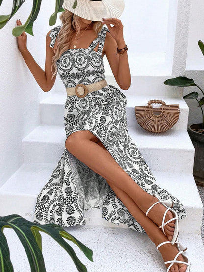 Summer Dresses- Women's Tie-Shoulder Geo Print Midi Dress with Slits- - IndioGear Fashion and Gear