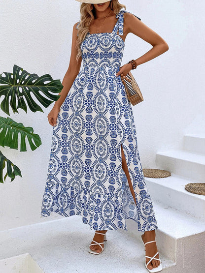 Summer Dresses- Women's Tie-Shoulder Geo Print Midi Dress with Slits- Blue- IndioGear Fashion and Gear