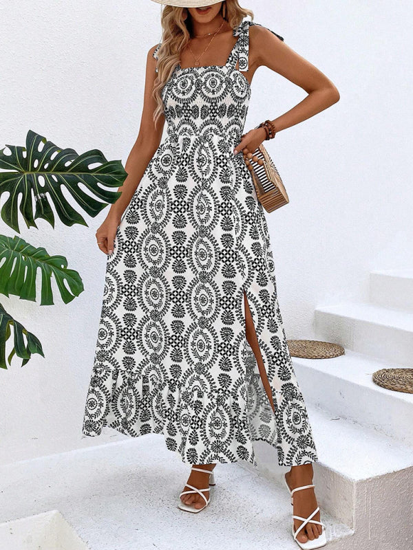 Summer Dresses- Women's Tie-Shoulder Geo Print Midi Dress with Slits- Black- IndioGear Fashion and Gear