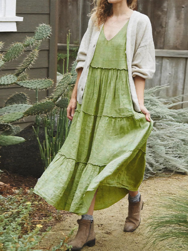 Summer Dresses- Women's Tiered Cami Maxi Dress in Oversized Cotton with Tie-Shoulder Straps- Green- IndioGear Fashion and Gear