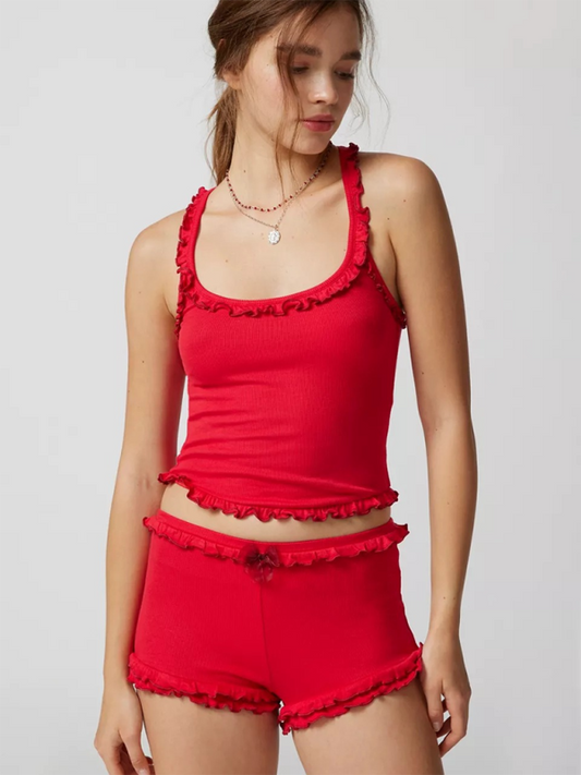 Solid Cami Top & Frill Contrast Shorts for Women's Summer Lounging