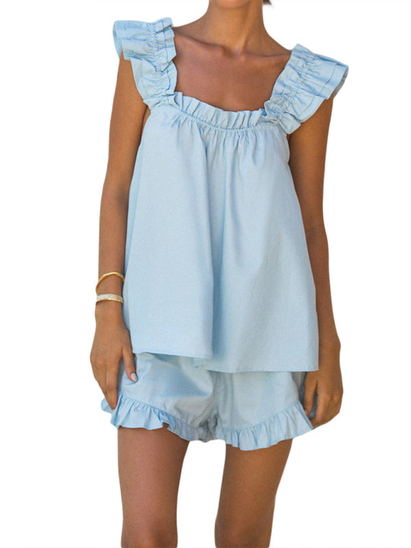 Summer Loungewear- Women's Sleeveless Blouse & Shorts Ruffle Outfit for Summer- Sky blue azure- IndioGear Fashion and Gear