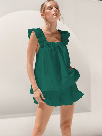 Summer Loungewear- Women's Sleeveless Blouse & Shorts Ruffle Outfit for Summer- Green- IndioGear Fashion and Gear