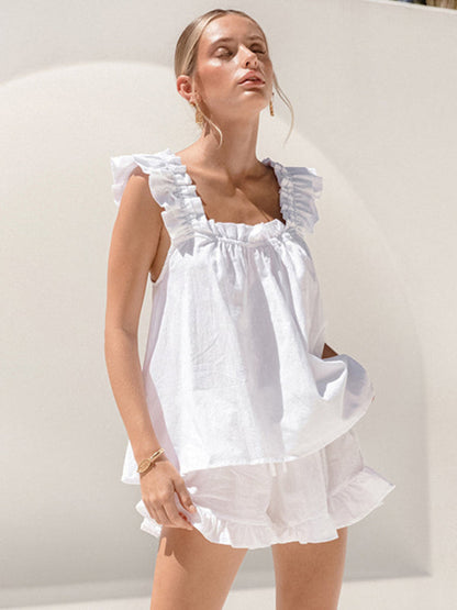 Summer Loungewear- Women's Sleeveless Blouse & Shorts Ruffle Outfit for Summer- White- IndioGear Fashion and Gear