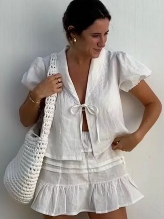 Summer Outfits- Beach Resort Solid Mini Skirt & Lace-Up Blouse Duo for Vacation Style- White- IndioGear.com