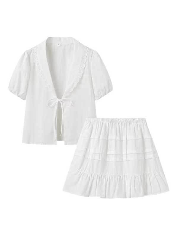 Summer Outfits- Beach Resort Solid Mini Skirt & Lace-Up Blouse Duo for Vacation Style- - IndioGear.com