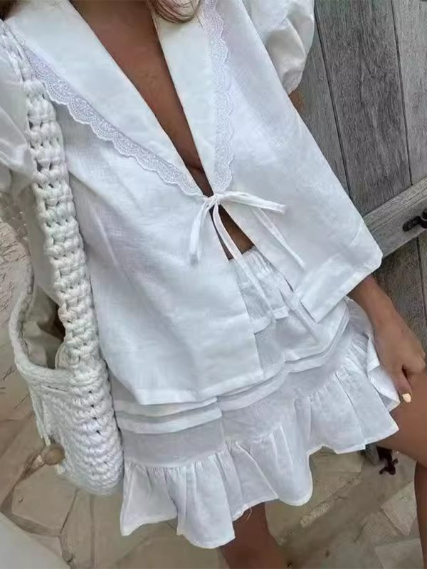 Summer Outfits- Beach Resort Solid Mini Skirt & Lace-Up Blouse Duo for Vacation Style- - IndioGear.com