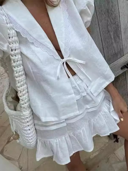 Summer Outfits- Beach Resort Solid Mini Skirt & Lace-Up Blouse Duo for Vacation Style- - IndioGear.com