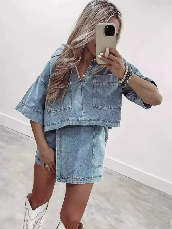 Summer Outfits- Denim Top with Wrap Shorts Skirt for Women- - Chuzko Women Clothing