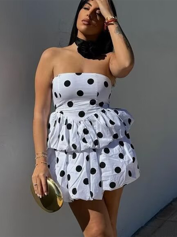 Summer Outfits- Festive Polka Dot Peplum Tube Top & Pleated Mini Skirt- - IndioGear.com