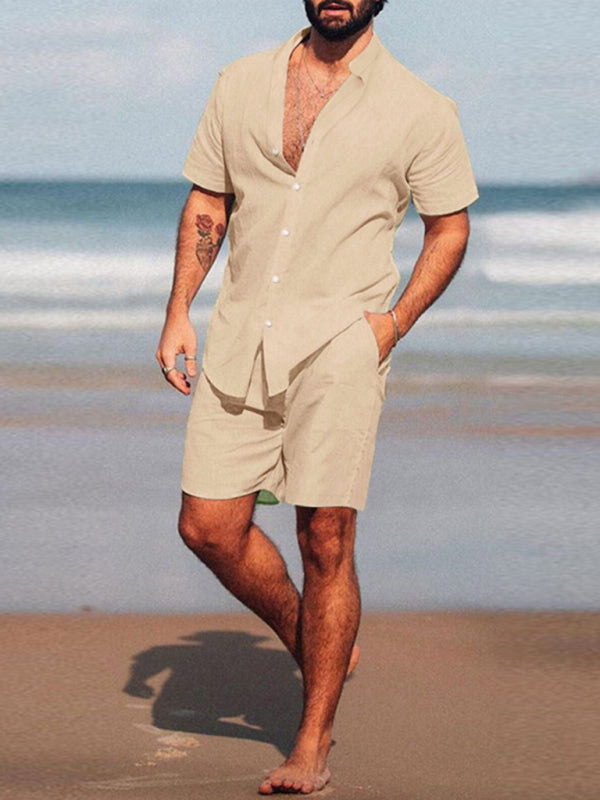 Summer Outfits- Men's Cotton Summer Outfit with Shirt & Shorts- Cracker khaki- IndioGear.com