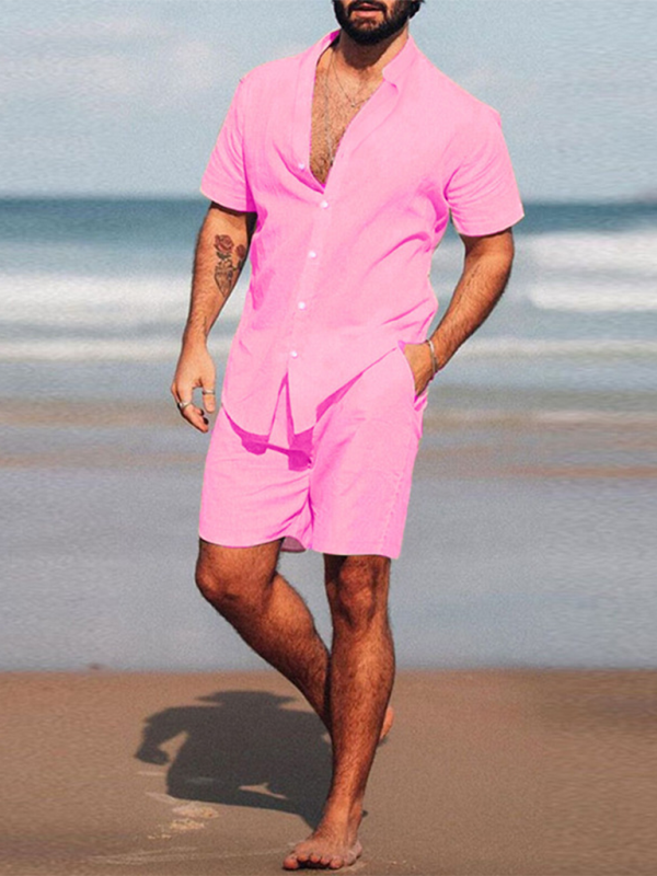 Summer Outfits- Men's Cotton Summer Outfit with Shirt & Shorts- Pink- IndioGear.com