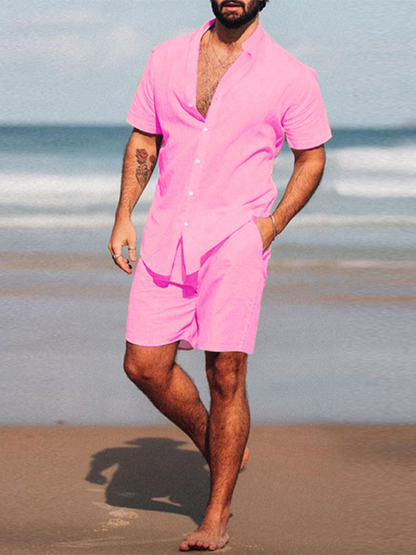 Summer Outfits- Men's Cotton Summer Outfit with Shirt & Shorts- Pink- IndioGear.com