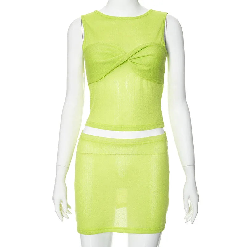 Summer Outfits- Mermaid Women's Textured See-Through Summer Set with Sleeveless Top & Mini Skirt- - IndioGear Fashion and Gear