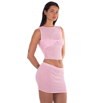 Summer Outfits- Mermaid Women's Textured See-Through Summer Set with Sleeveless Top & Mini Skirt- - IndioGear Fashion and Gear