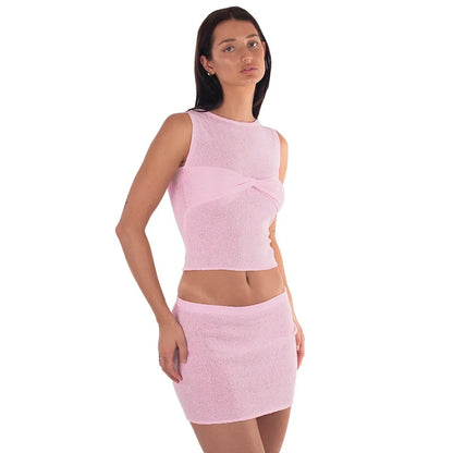 Summer Outfits- Mermaid Women's Textured See-Through Summer Set with Sleeveless Top & Mini Skirt- - IndioGear Fashion and Gear